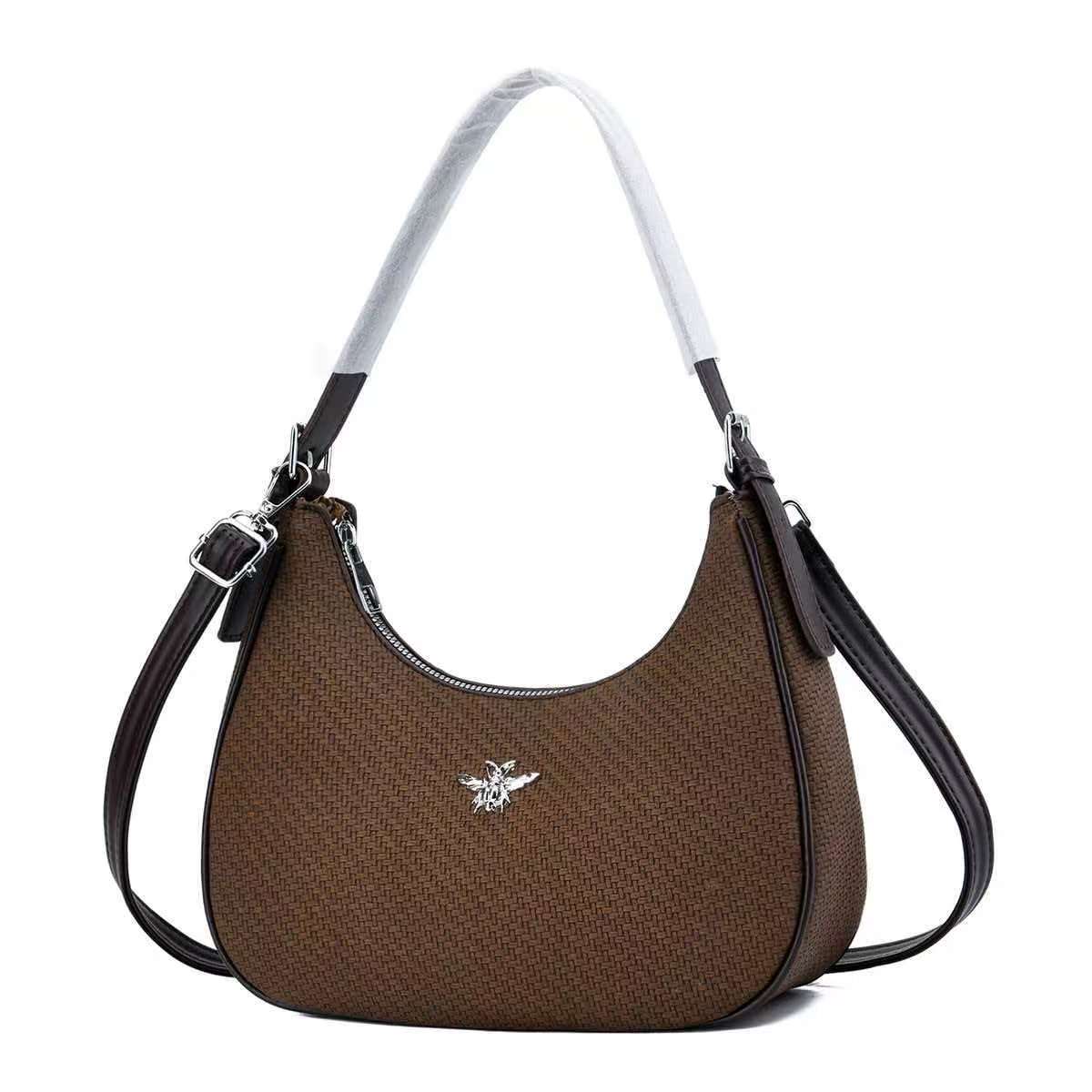 CROJUYI Small Crescent Shoulder Bag – Vintage Woven Hobo Handbag with Silver Bee Emblem, Stylish Women's Fashion Purse