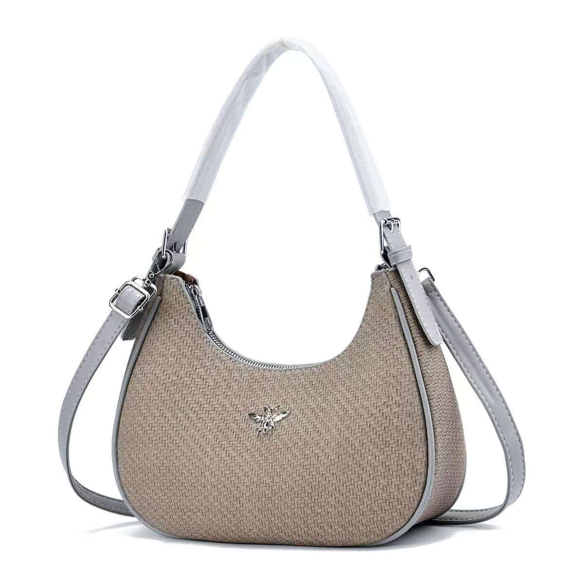 CROJUYI Small Crescent Shoulder Bag – Vintage Woven Hobo Handbag with Silver Bee Emblem, Stylish Women's Fashion Purse
