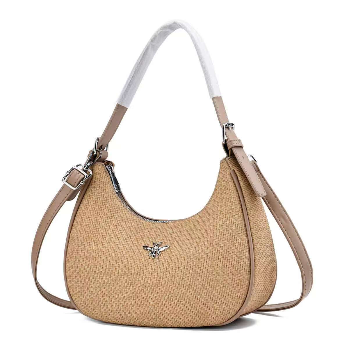CROJUYI Small Crescent Shoulder Bag – Vintage Woven Hobo Handbag with Silver Bee Emblem, Stylish Women's Fashion Purse