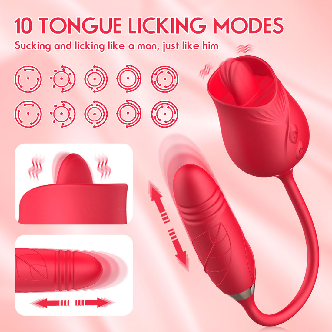 Rose Toy Vibrator Thrusting G Spot Dildo Clitoral Licking Vibrating Stimulator Anal Plug Oral Tongue Adult Foreplay Teasing Sex ToysSolo Masturbation Foreplay Dating Gift for Women Couple Masturbation