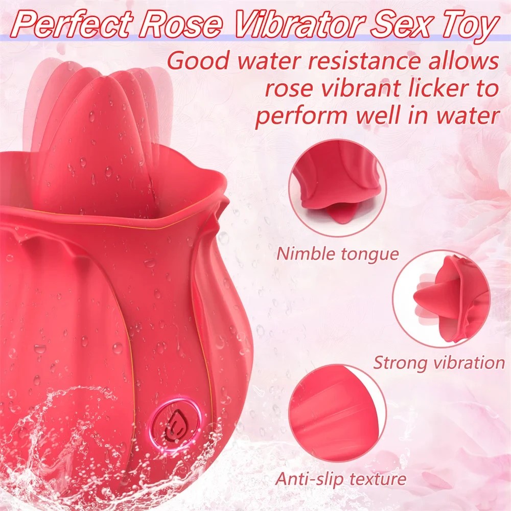 Rose Tongue Licking Vibrator Sex Toy Clitoral Sucker Clit Nipples Anal Stimulator Compact Adult Foreplay Solo Play Game Masturbation Gift for Women Ladies Couples