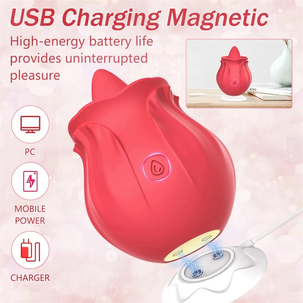 Rose Tongue Licking Vibrator Sex Toy Clitoral Sucker Clit Nipples Anal Stimulator Compact Adult Foreplay Solo Play Game Masturbation Gift for Women Ladies Couples