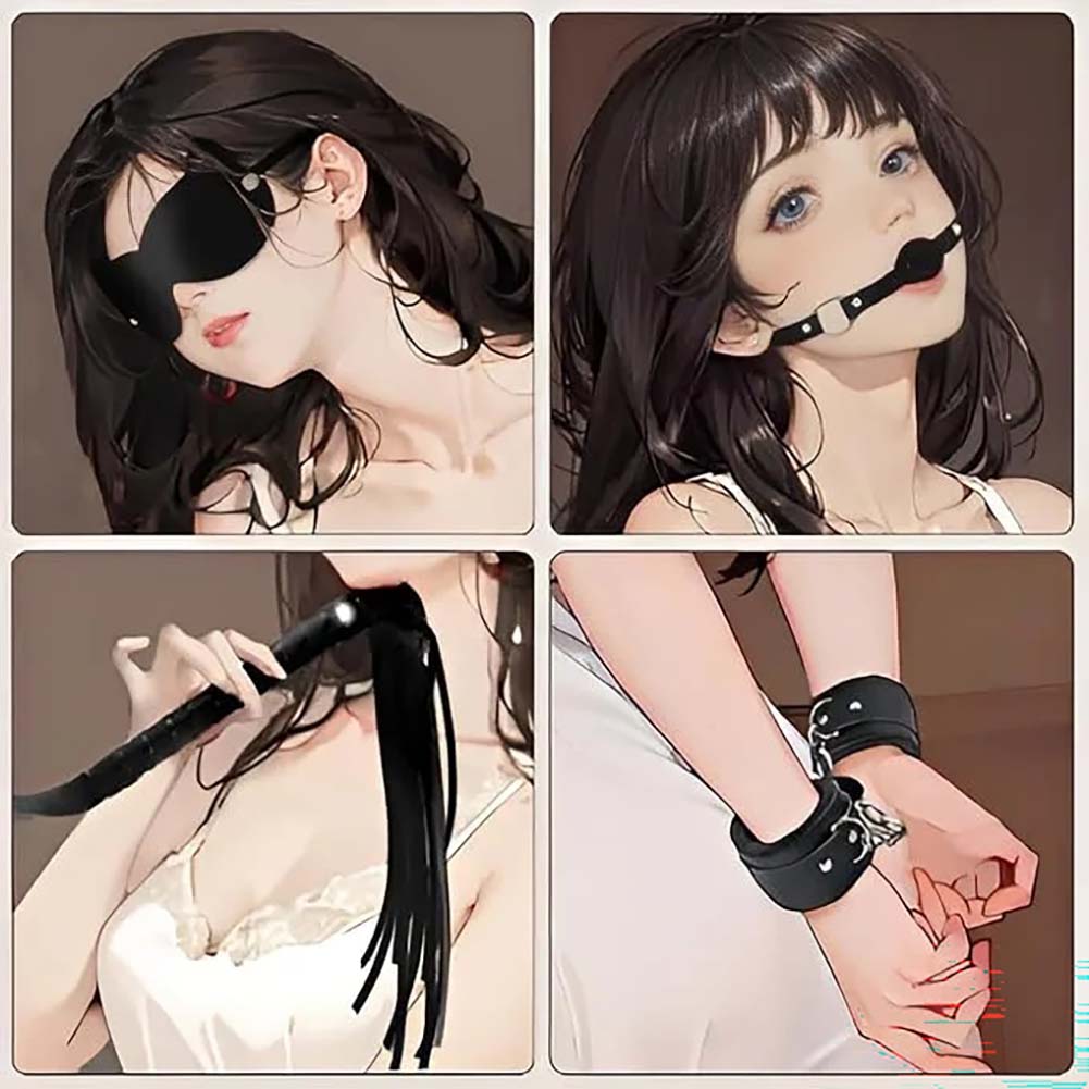 10pcs Pack Bondage Restraints BDSM Adult Sex Toys PU Leather Fetish Set Role Play Bed Game Handcuffs Mouth Ball Gag Foreplay Gift for Women Men Couples