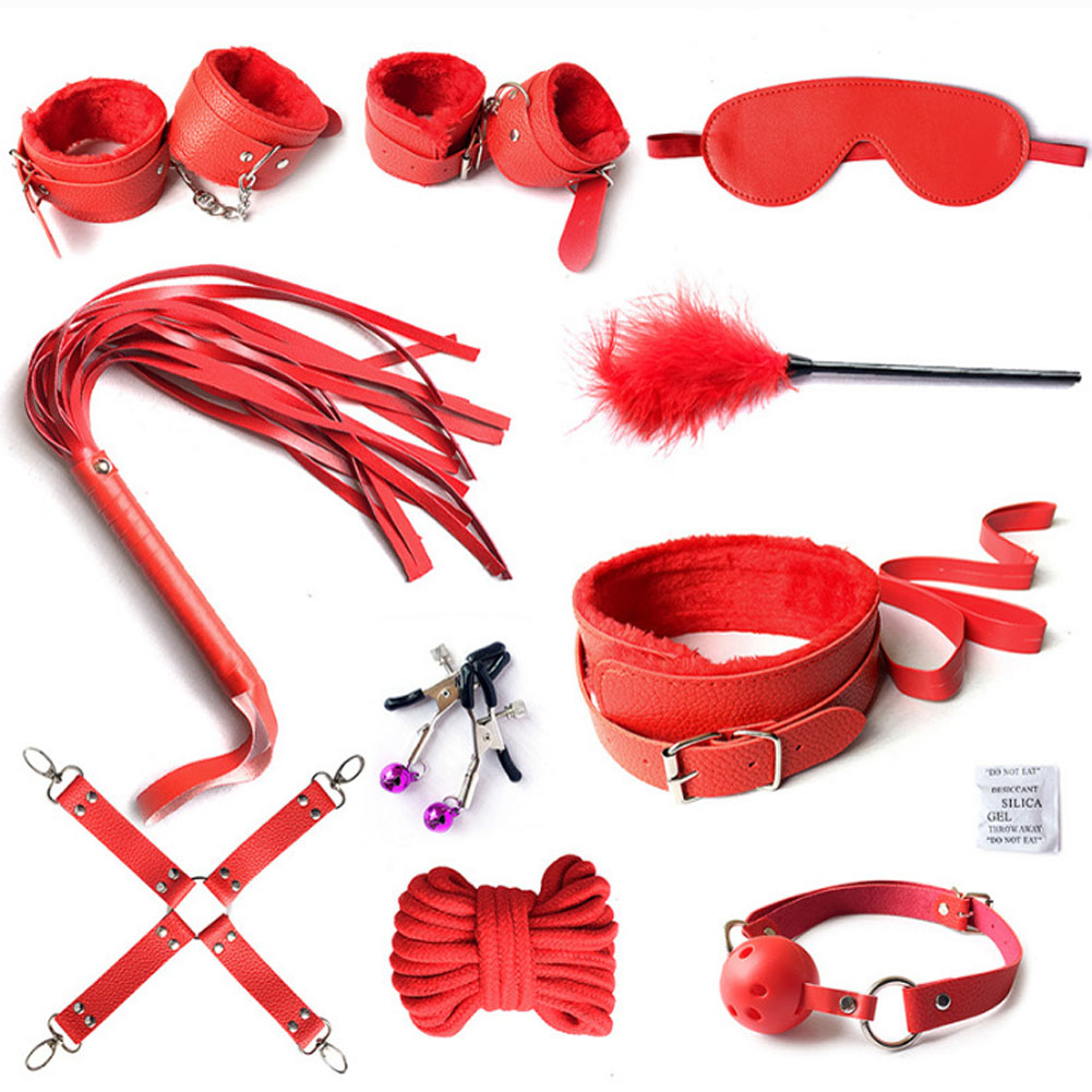 10pcs Pack Bondage Restraints BDSM Adult Sex Toys PU Leather Fetish Set Role Play Bed Game Handcuffs Mouth Ball Gag Foreplay Gift for Women Men Couples