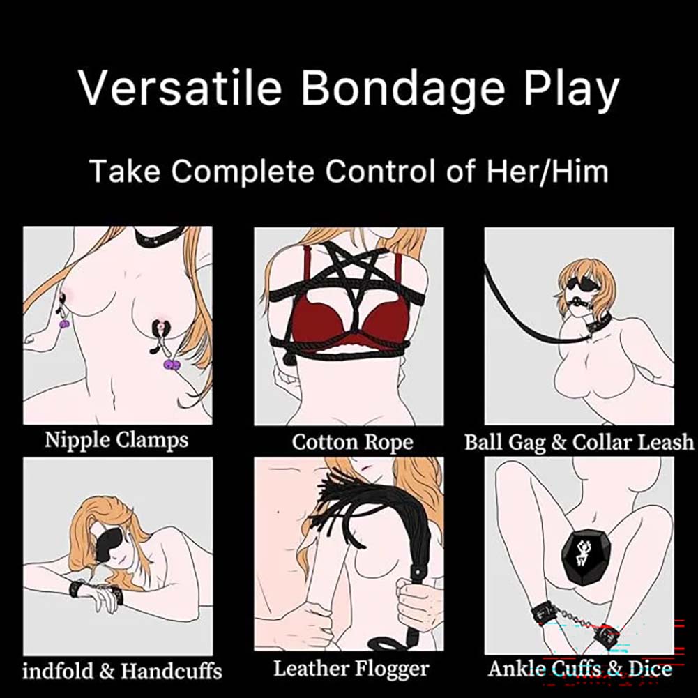 10pcs Pack Bondage Restraints BDSM Adult Sex Toys PU Leather Fetish Set Role Play Bed Game Handcuffs Mouth Ball Gag Foreplay Gift for Women Men Couples