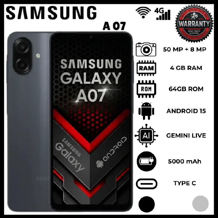 Samsung Galaxy A07 4GB RAM 64GB ROM Mobile Phone Premium Design Fast Charging Android Smartphone Multi Tasking Capability Top Rated Budget Samsung Smartphones Secure This Reliable Brand Phone