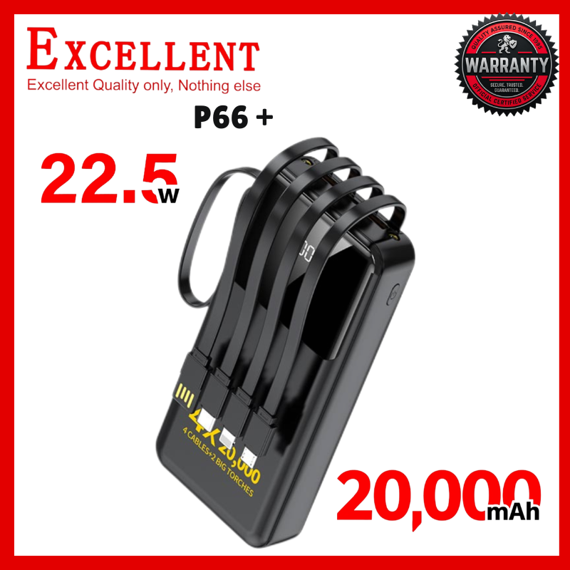 20000mAh Excellent P66 Plus Fast Charging Power Bank 22.5W Portable Charger External Battery Pack With 4 Built In Cables Type C Micro USB Lightning Dual LED Flashlight For Mobile Phones