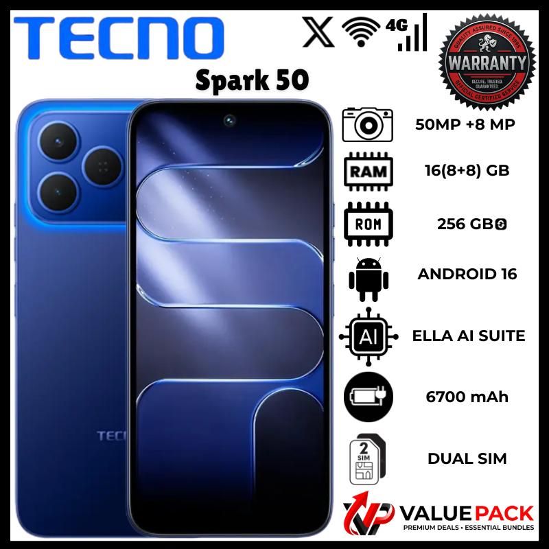 Tecno Spark 50 4G 256GB ROM 8GB RAM Mobile 7000mAh Endurance Battery 50MP AI Camera Plus FreePods Pro 10000mAh Portable Powerbank 50W Fast Adapter Plus Cable And Bluetooth Speaker