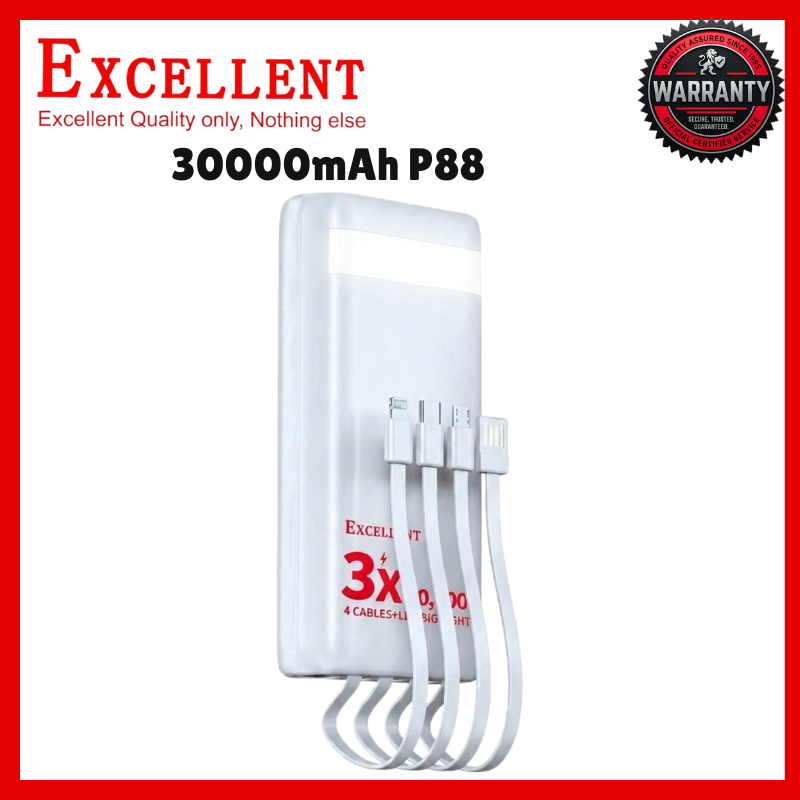 EXCELLENT P88 30000mAh Power Bank Fast Charging Portable External Battery Charger with 4 Built-in Cables Type-C USB 3.1A Output LED Digital Power Display Camping Light for iPhone Android Phones