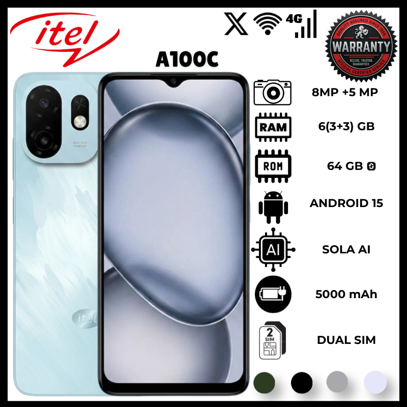 Itel A100C 64GB ROM 3GB RAM 4G Smartphone Featuring 6.6 Inch 90Hz HD IPS Display And 5000mAh Battery Makes This Mobile Phone A Great Choice With Android 15 Go Edition And Side Fingerprint Sensor Phone