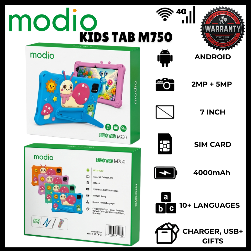 Modio M750 Kids Educational Tablet PC 7 Inch IPS Screen 6GB RAM 256GB ROM Storage Android 13 4G LTE SIM Support Zoom YouTube Learning Tablet with Shockproof Cartoon Case Kickstand Free Gifts Bundle