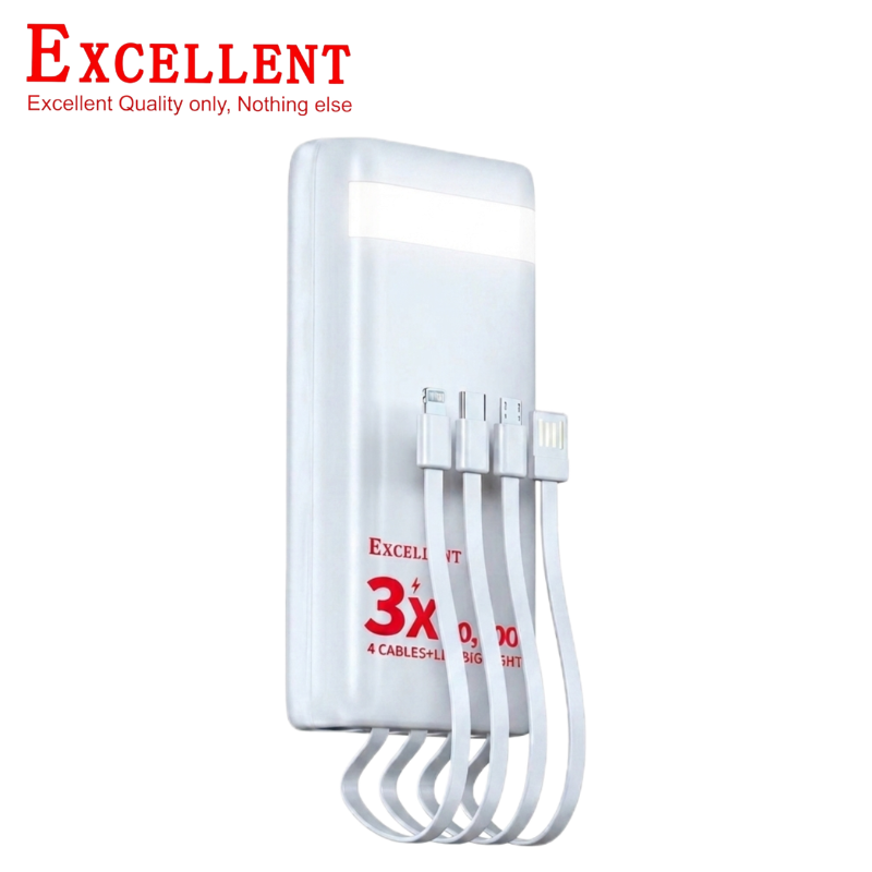 EXCELLENT P88 30000mAh Power Bank Fast Charging Portable External Battery Charger with 4 Built-in Cables Type-C USB 3.1A Output LED Digital Power Display Camping Light for iPhone Android Phones
