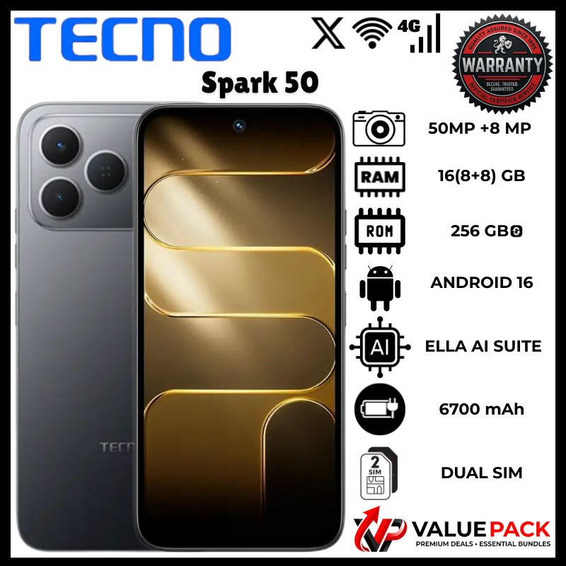 Tecno Spark 50 4G 256GB ROM 8GB RAM Mobile 7000mAh Endurance Battery 50MP AI Camera Plus FreePods Pro 10000mAh Portable Powerbank 50W Fast Adapter Plus Cable And Bluetooth Speaker