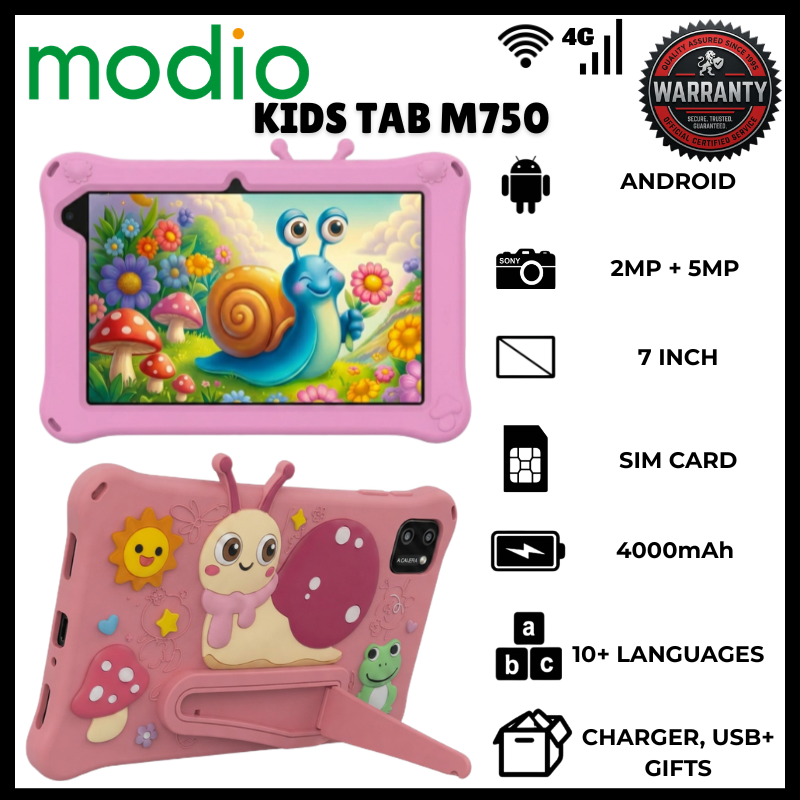 Modio M750 Kids Educational Tablet PC 7 Inch IPS Screen 6GB RAM 256GB ROM Storage Android 13 4G LTE SIM Support Zoom YouTube Learning Tablet with Shockproof Cartoon Case Kickstand Free Gifts Bundle