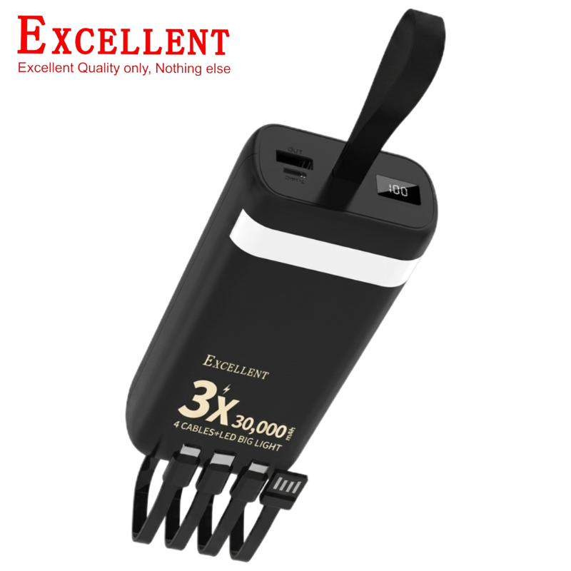 EXCELLENT P88 30000mAh Power Bank Fast Charging Portable External Battery Charger with 4 Built-in Cables Type-C USB 3.1A Output LED Digital Power Display Camping Light for iPhone Android Phones