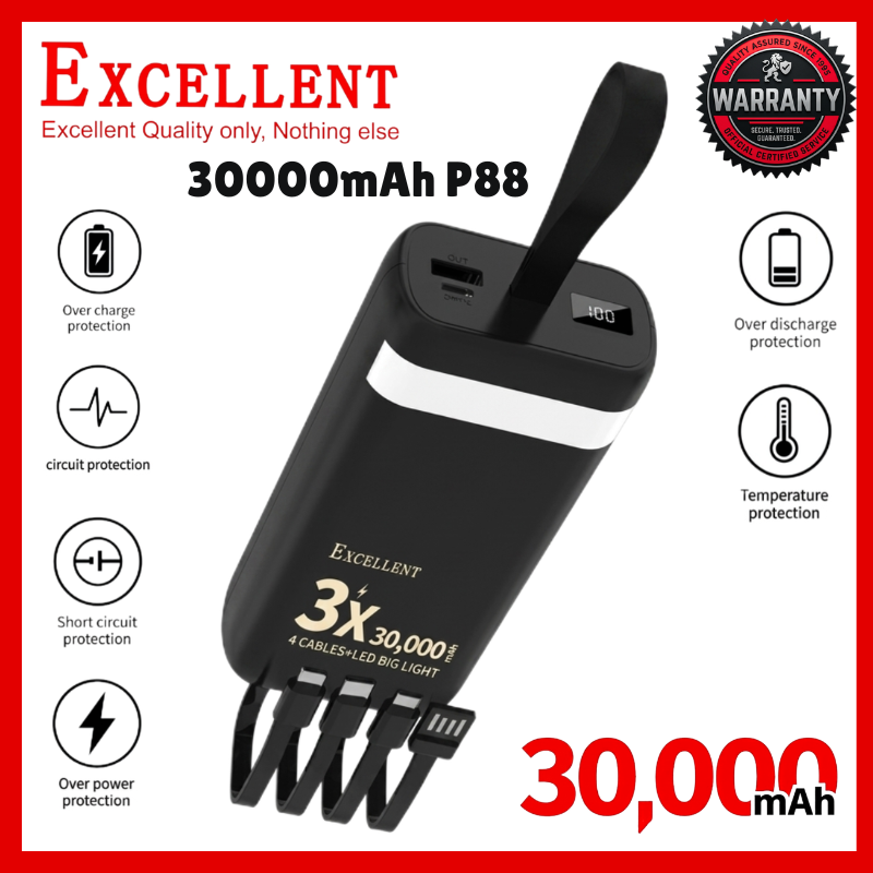 EXCELLENT P88 30000mAh Power Bank Fast Charging Portable External Battery Charger with 4 Built-in Cables Type-C USB 3.1A Output LED Digital Power Display Camping Light for iPhone Android Phones