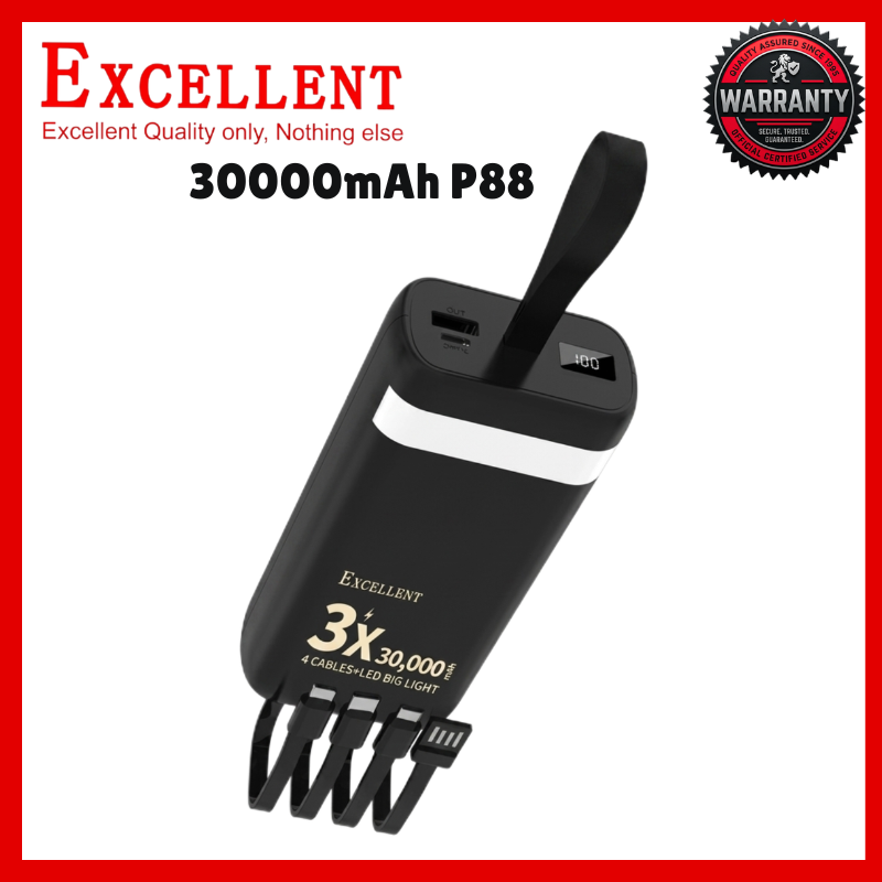 EXCELLENT P88 30000mAh Power Bank Fast Charging Portable External Battery Charger with 4 Built-in Cables Type-C USB 3.1A Output LED Digital Power Display Camping Light for iPhone Android Phones
