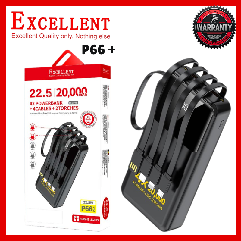 20000mAh Excellent P66 Plus Fast Charging Power Bank 22.5W Portable Charger External Battery Pack With 4 Built In Cables Type C Micro USB Lightning Dual LED Flashlight For Mobile Phones