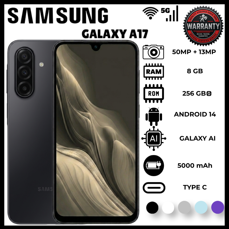 Samsung Galaxy A17 8GB RAM 256GB ROM Smartphone Exynos 1330 Processor 5000mAh Long Battery Mobile Phone Android 15 One UI 7 50MP Triple Rear Camera OIS 25W Charging Fingerprint Unlocked Phone