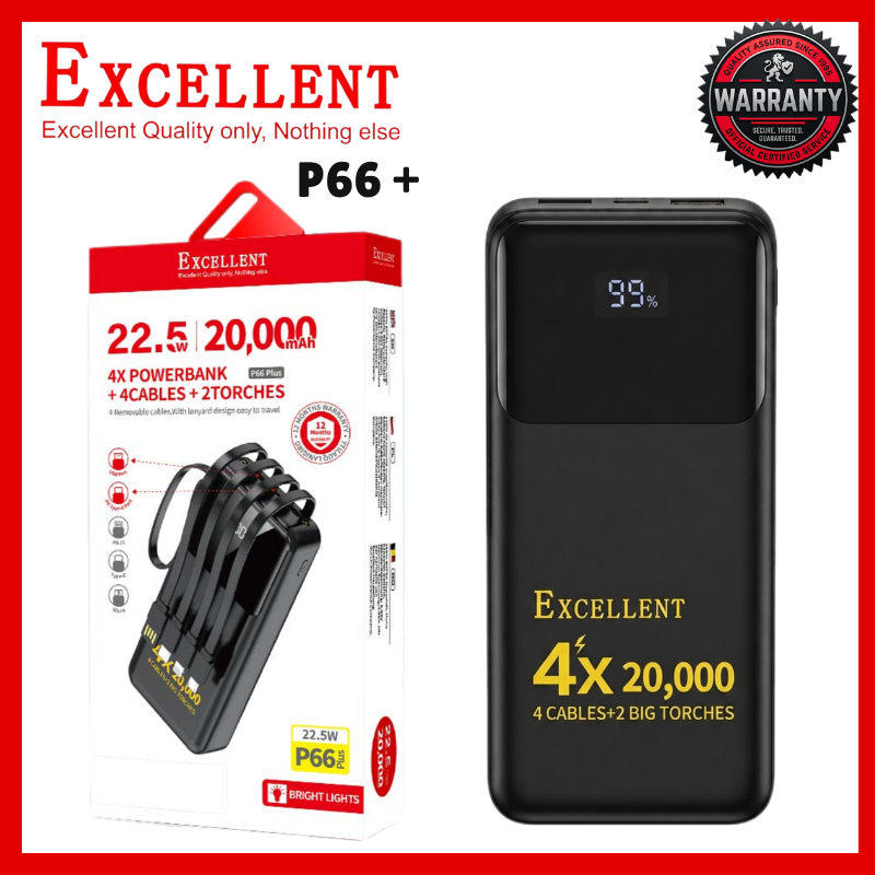 20000mAh Excellent P66 Plus Fast Charging Power Bank 22.5W Portable Charger External Battery Pack With 4 Built In Cables Type C Micro USB Lightning Dual LED Flashlight For Mobile Phones