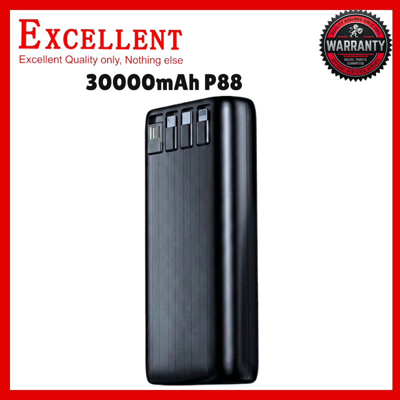 EXCELLENT P88 30000mAh Power Bank Fast Charging Portable External Battery Charger with 4 Built-in Cables Type-C USB 3.1A Output LED Digital Power Display Camping Light for iPhone Android Phones