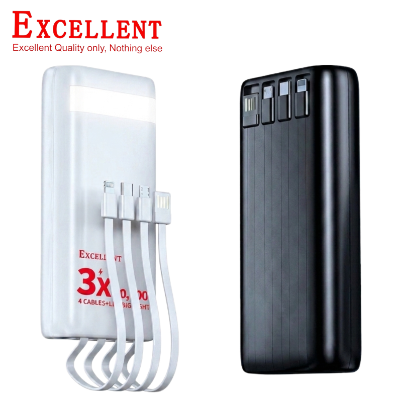 EXCELLENT P88 30000mAh Power Bank Fast Charging Portable External Battery Charger with 4 Built-in Cables Type-C USB 3.1A Output LED Digital Power Display Camping Light for iPhone Android Phones