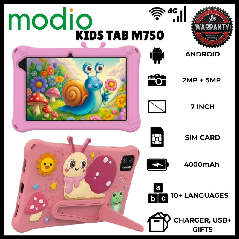 Modio M750 Kids Educational Tablet PC 7 Inch IPS Screen 6GB RAM 256GB ROM Storage Android 13 4G LTE SIM Support Zoom YouTube Learning Tablet with Shockproof Cartoon Case Kickstand Free Gifts Bundle