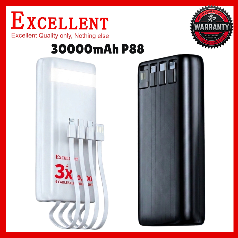 EXCELLENT P88 30000mAh Power Bank Fast Charging Portable External Battery Charger with 4 Built-in Cables Type-C USB 3.1A Output LED Digital Power Display Camping Light for iPhone Android Phones