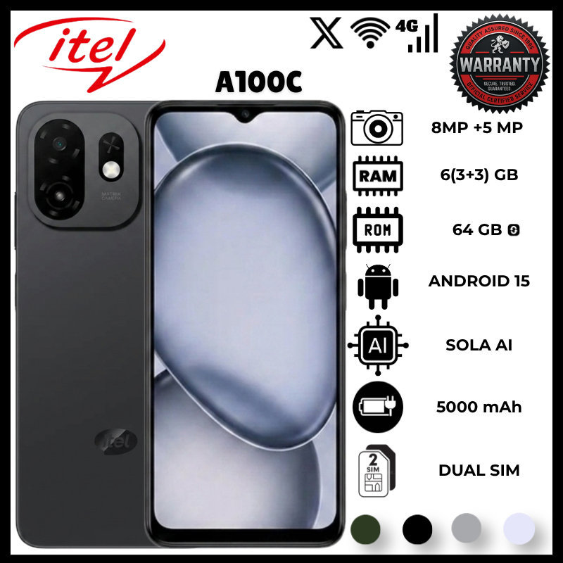 Itel A100C 64GB ROM 3GB RAM 4G Smartphone Featuring 6.6 Inch 90Hz HD IPS Display And 5000mAh Battery Makes This Mobile Phone A Great Choice With Android 15 Go Edition And Side Fingerprint Sensor Phone
