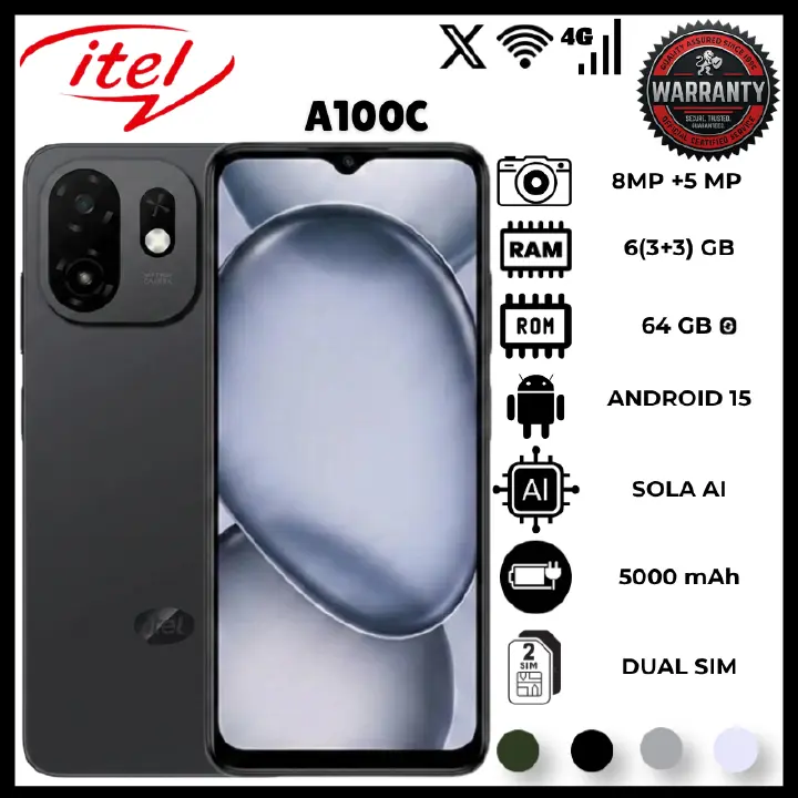 Itel A100C 64GB ROM 3GB RAM 4G Smartphone Featuring 6.6 Inch 90Hz HD IPS Display And 5000mAh Battery Makes This Mobile Phone A Great Choice With Android 15 Go Edition And Side Fingerprint Sensor Phone