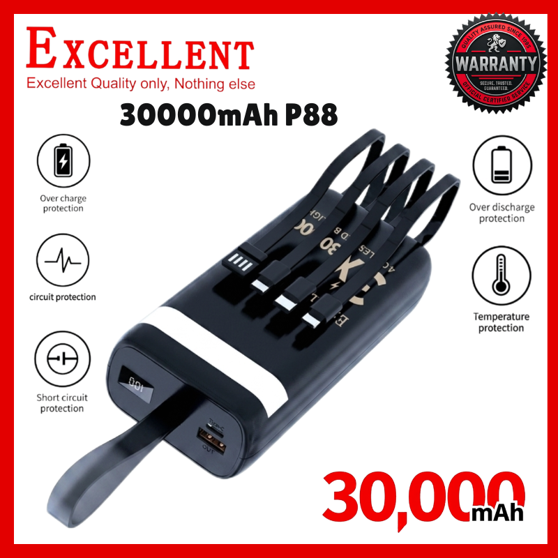 EXCELLENT P88 30000mAh Power Bank Fast Charging Portable External Battery Charger with 4 Built-in Cables Type-C USB 3.1A Output LED Digital Power Display Camping Light for iPhone Android Phones