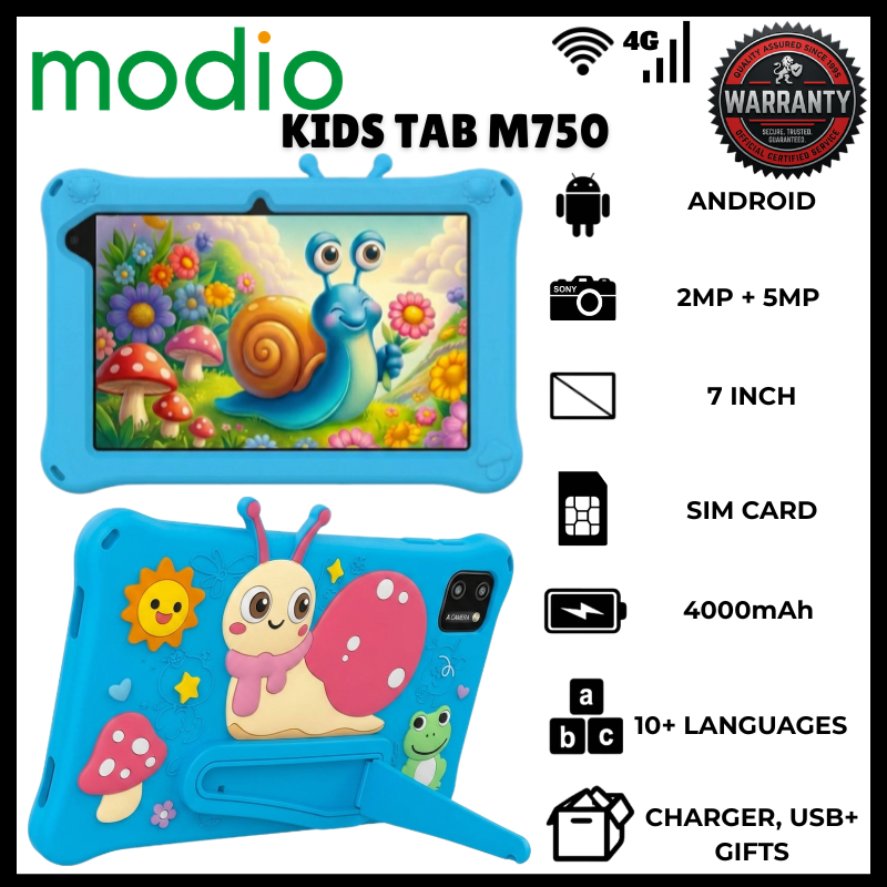 Modio M750 Kids Educational Tablet PC 7 Inch IPS Screen 6GB RAM 256GB ROM Storage Android 13 4G LTE SIM Support Zoom YouTube Learning Tablet with Shockproof Cartoon Case Kickstand Free Gifts Bundle