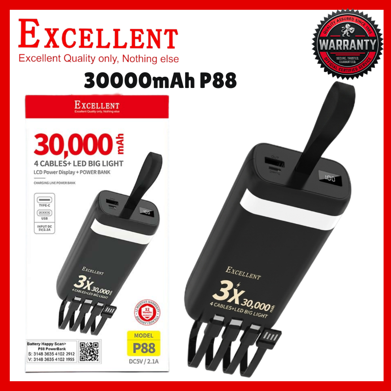 EXCELLENT P88 30000mAh Power Bank Fast Charging Portable External Battery Charger with 4 Built-in Cables Type-C USB 3.1A Output LED Digital Power Display Camping Light for iPhone Android Phones