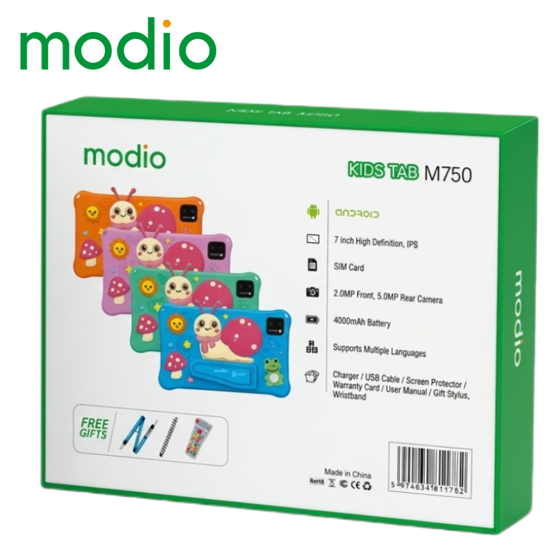 Modio M750 Kids Educational Tablet PC 7 Inch IPS Screen 6GB RAM 256GB ROM Storage Android 13 4G LTE SIM Support Zoom YouTube Learning Tablet with Shockproof Cartoon Case Kickstand Free Gifts Bundle