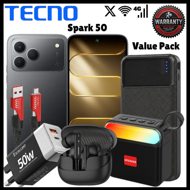 Tecno Spark 50 4G 256GB ROM 8GB RAM Mobile 7000mAh Endurance Battery 50MP AI Camera Plus FreePods Pro 10000mAh Portable Powerbank 50W Fast Adapter Plus Cable And Bluetooth Speaker