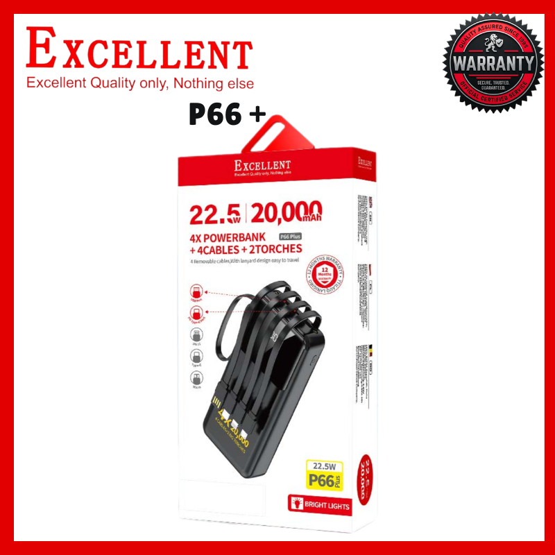 20000mAh Excellent P66 Plus Fast Charging Power Bank 22.5W Portable Charger External Battery Pack With 4 Built In Cables Type C Micro USB Lightning Dual LED Flashlight For Mobile Phones