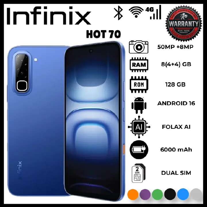 Infinix Hot 70 4GB RAM 128GB ROM 6000mAh Battery Smart Phone Dual SIM Android Smartphone 50MP Camera Phone Unlocked New Mobile Model Fast Charging Large Display Gaming Screen Long Battery Life Phone