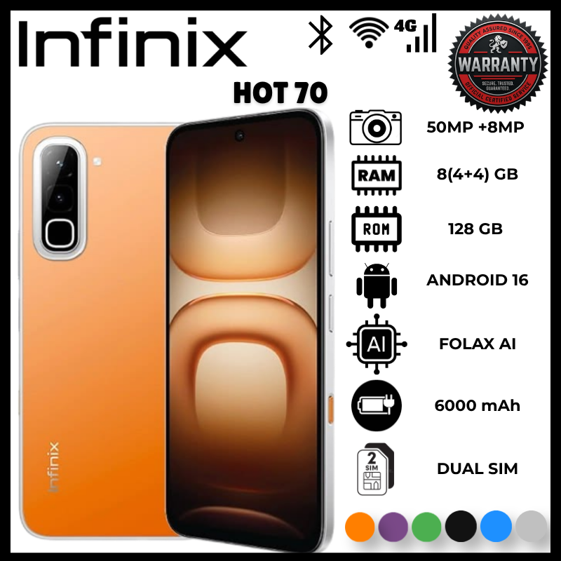 Infinix Hot 70 4GB RAM 128GB ROM 6000mAh Battery Smart Phone Dual SIM Android Smartphone 50MP Camera Phone Unlocked New Mobile Model Fast Charging Large Display Gaming Screen Long Battery Life Phone