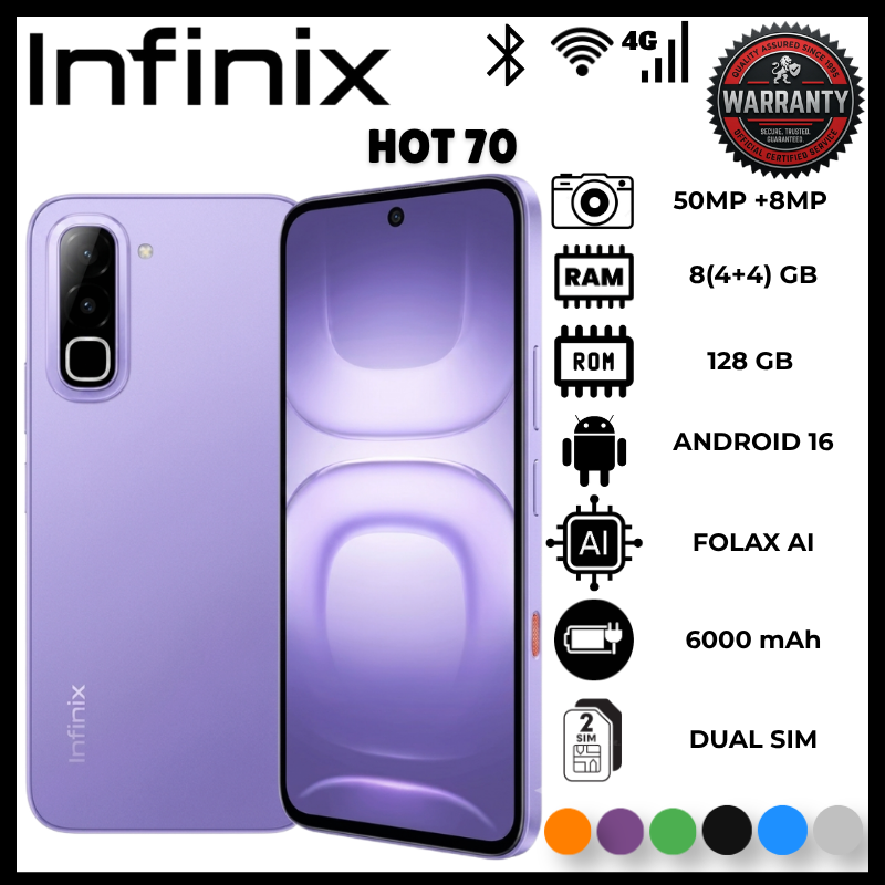 Infinix Hot 70 4GB RAM 128GB ROM 6000mAh Battery Smart Phone Dual SIM Android Smartphone 50MP Camera Phone Unlocked New Mobile Model Fast Charging Large Display Gaming Screen Long Battery Life Phone