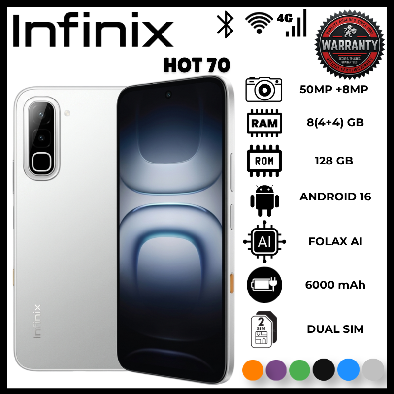 Infinix Hot 70 4GB RAM 128GB ROM 6000mAh Battery Smart Phone Dual SIM Android Smartphone 50MP Camera Phone Unlocked New Mobile Model Fast Charging Large Display Gaming Screen Long Battery Life Phone
