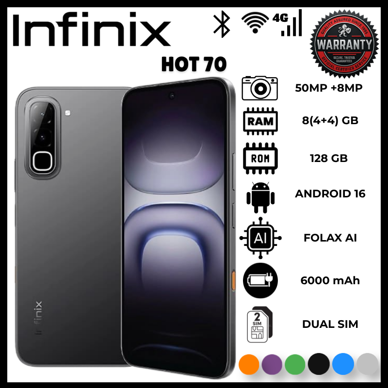 Infinix Hot 70 4GB RAM 128GB ROM 6000mAh Battery Smart Phone Dual SIM Android Smartphone 50MP Camera Phone Unlocked New Mobile Model Fast Charging Large Display Gaming Screen Long Battery Life Phone