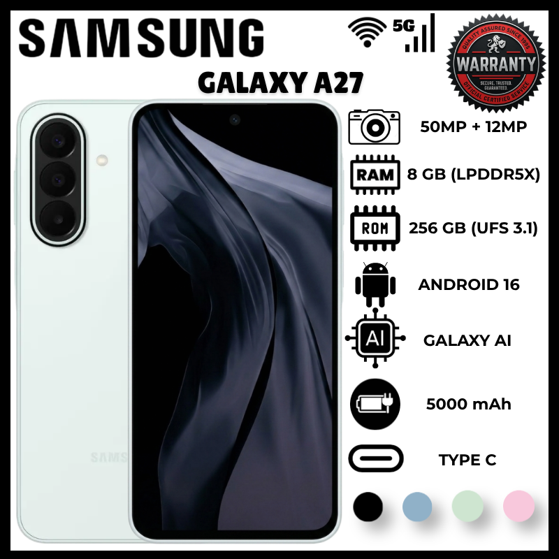 Samsung Galaxy A27 8GB RAM 256GB ROM 5G Mobile Phone 6.7 inch Super AMOLED 120Hz FHD+ 50MP OIS +5MP Ultrawide +2MP Macro 12MP Front 5000mAh Smartphone Expandable Storage up to 2TB Android 16 Phone