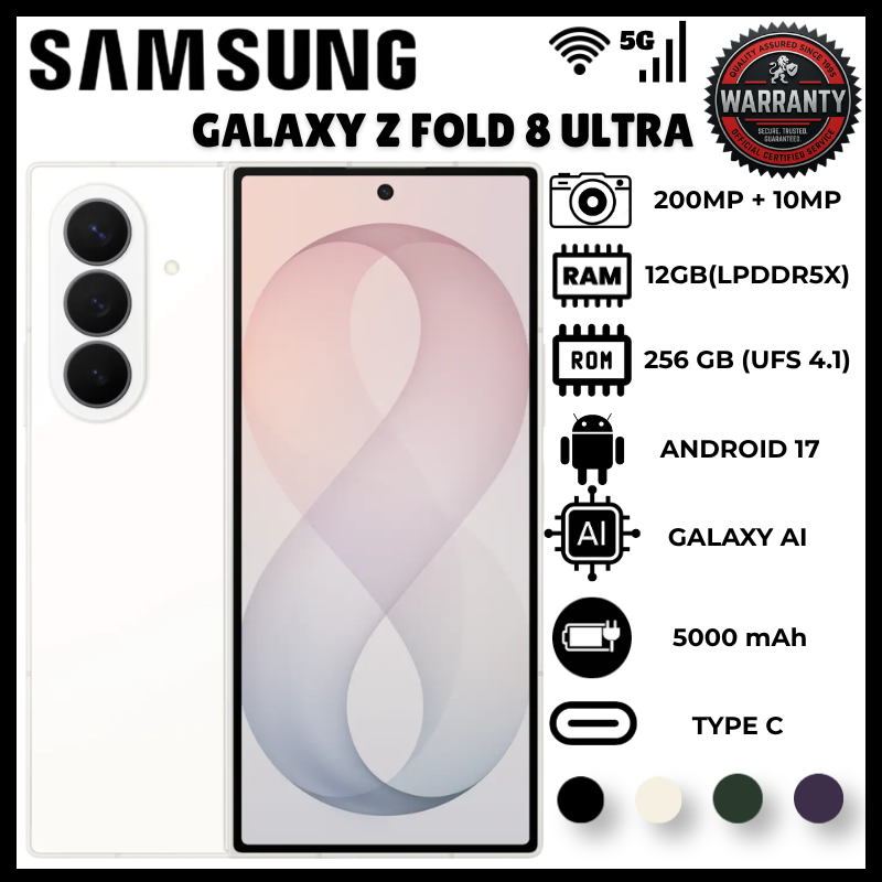 Samsung Galaxy Z Fold 8 Ultra 12GB 256GB Premium Foldable Device Snapdragon 8 Elite Gen 5 Chipset 5000mah Battery 200mp Main Camera Mobile Phone 50mp Ultrawide Smart Phone Stereo Speakers Smartphone