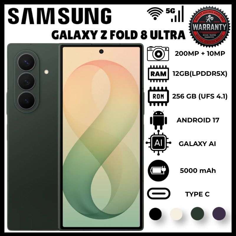 Samsung Galaxy Z Fold 8 Ultra 12GB 256GB Premium Foldable Device Snapdragon 8 Elite Gen 5 Chipset 5000mah Battery 200mp Main Camera Mobile Phone 50mp Ultrawide Smart Phone Stereo Speakers Smartphone