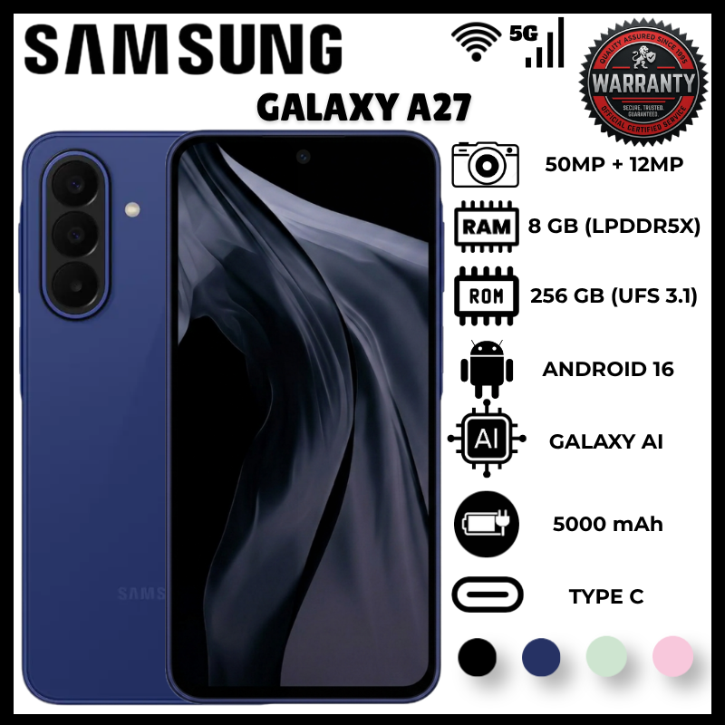 Samsung Galaxy A27 8GB RAM 256GB ROM 5G Mobile Phone 6.7 inch Super AMOLED 120Hz FHD+ 50MP OIS +5MP Ultrawide +2MP Macro 12MP Front 5000mAh Smartphone Expandable Storage up to 2TB Android 16 Phone