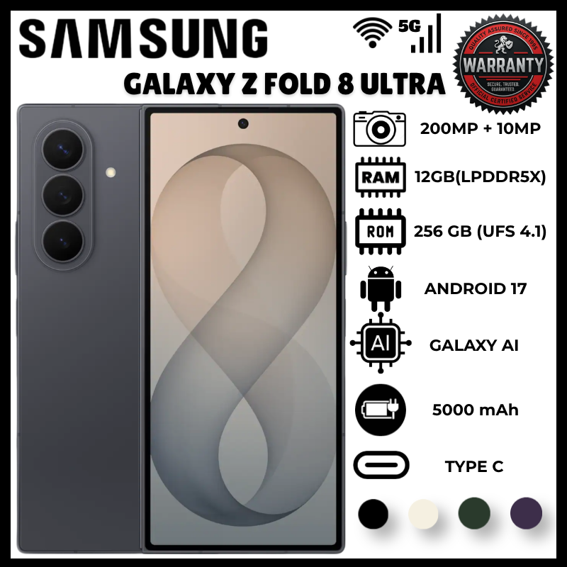 Samsung Galaxy Z Fold 8 Ultra 12GB 256GB Premium Foldable Device Snapdragon 8 Elite Gen 5 Chipset 5000mah Battery 200mp Main Camera Mobile Phone 50mp Ultrawide Smart Phone Stereo Speakers Smartphone