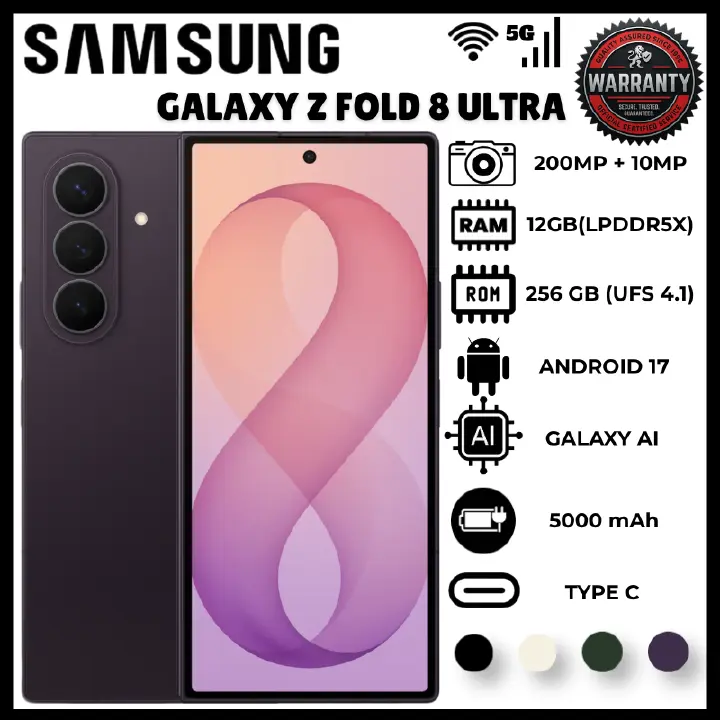 Samsung Galaxy Z Fold 8 Ultra 12GB 256GB Premium Foldable Device Snapdragon 8 Elite Gen 5 Chipset 5000mah Battery 200mp Main Camera Mobile Phone 50mp Ultrawide Smart Phone Stereo Speakers Smartphone