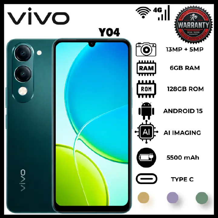 Vivo Y04 6GB RAM 128GB ROM 4G Smartphone 6.74" 90Hz Display 5500mAh Battery 15W Fast Charging 13MP Camera IP64 Dual SIM Android 15