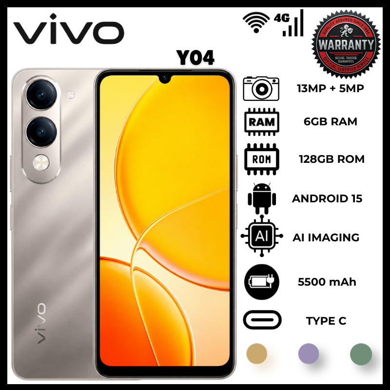Vivo Y04 6GB RAM 128GB ROM 4G Smartphone 6.74" 90Hz Display 5500mAh Battery 15W Fast Charging 13MP Camera IP64 Dual SIM Android 15