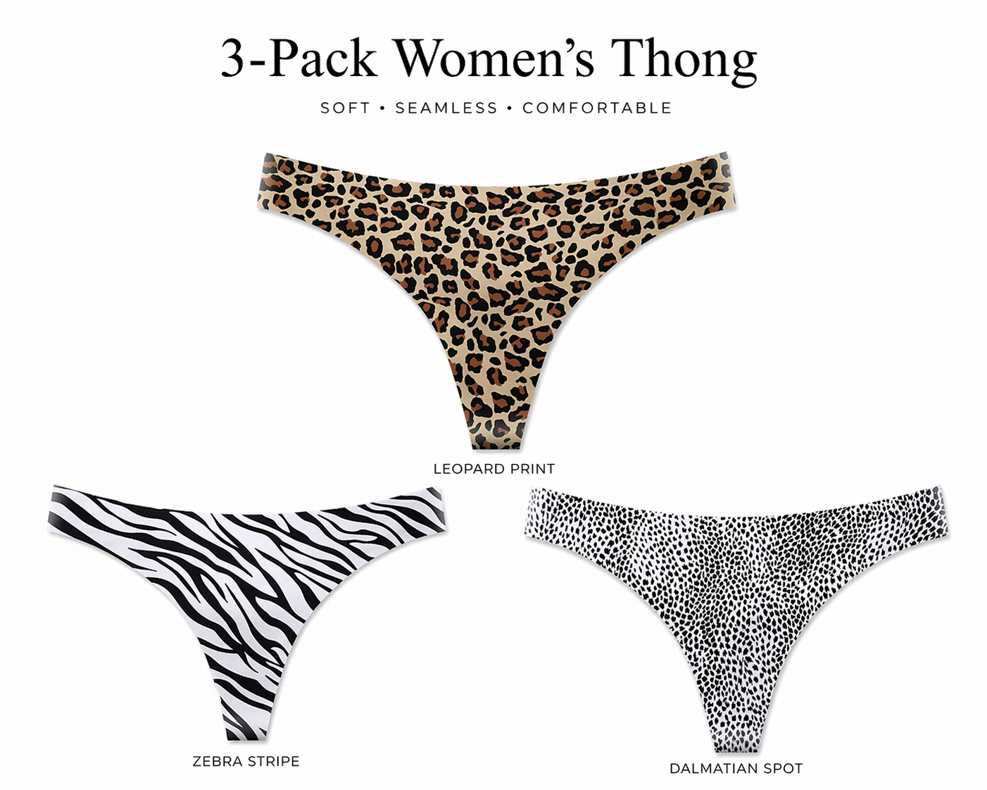 Women Seamless Thong 3 Pack Leopard Zebra Print Low Rise Invisible Panties No Show Underwear Soft Stretch Briefs Kenya